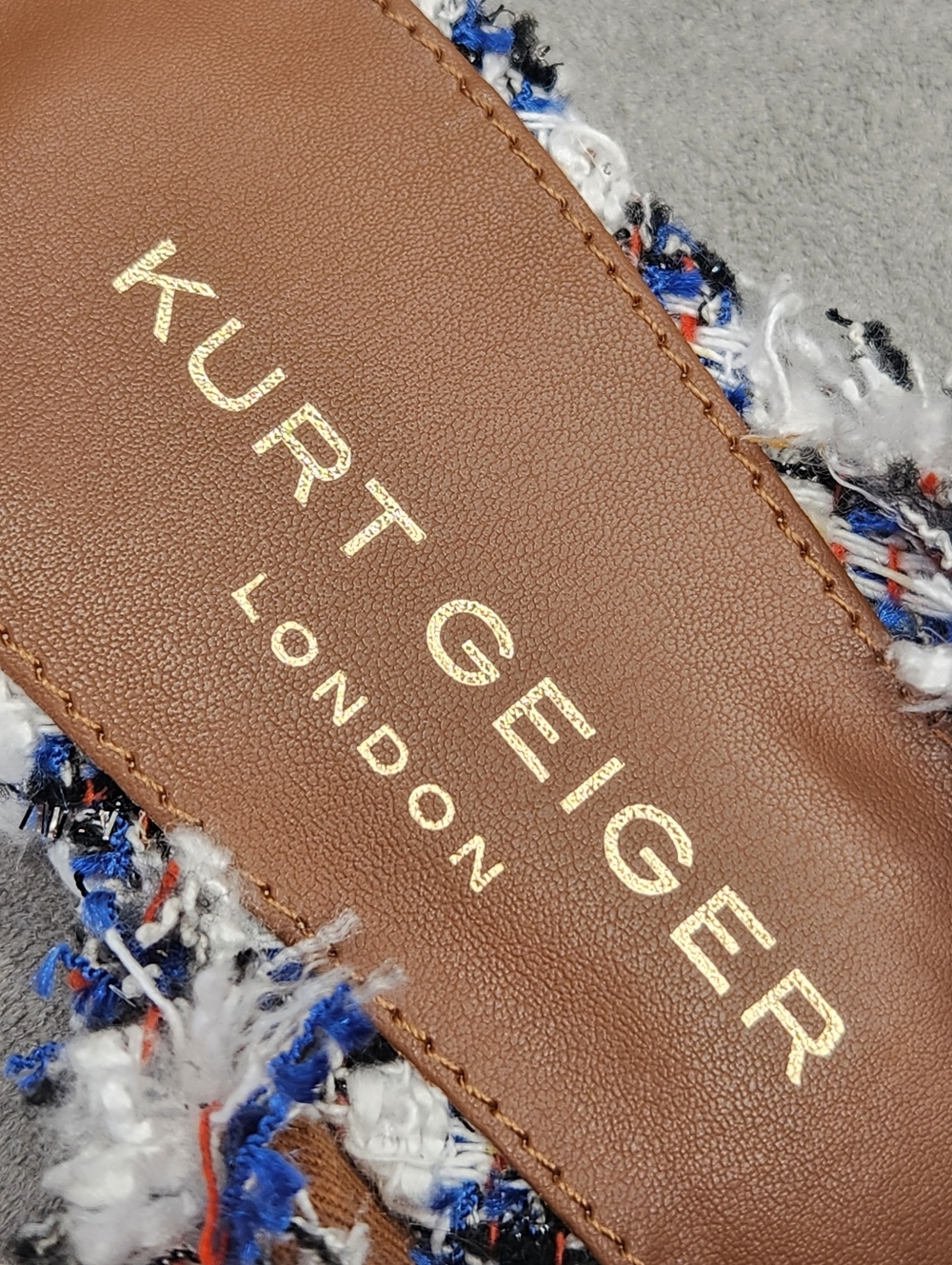 Kurt Geiger Mules 5 Blue White Tweed Plaid Olive Eye Fray Beaded Pointy New $195 - Picture 15 of 17